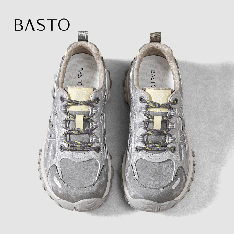 BASTO/百思图2026机能风老爹鞋女厚底增高灰色系带休闲运动鞋百搭