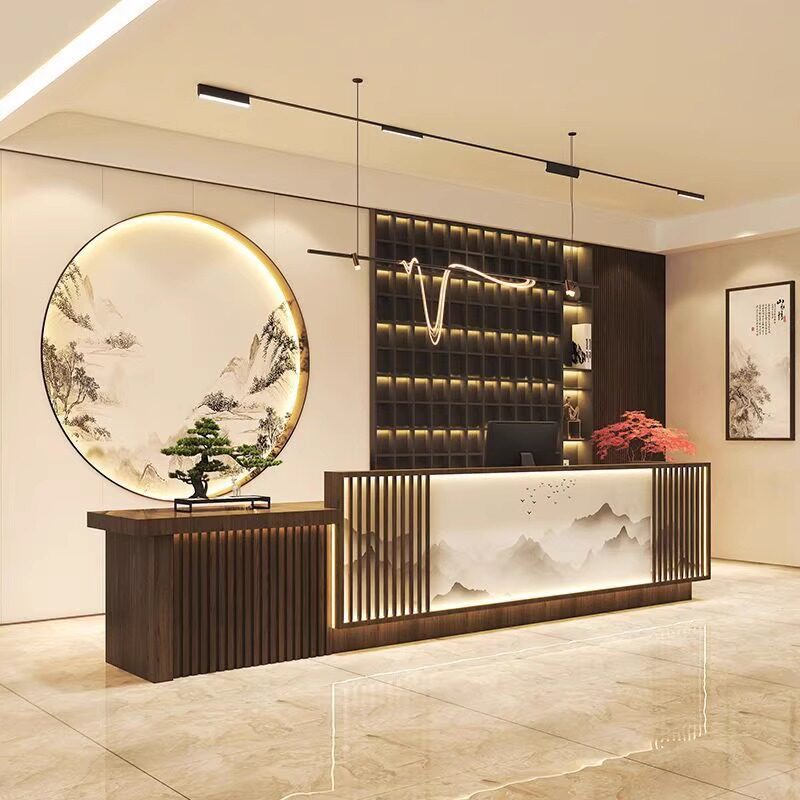 新中式收银台吧台酒店一体前台桌接待台养生馆民宿足浴网红店茶楼图片