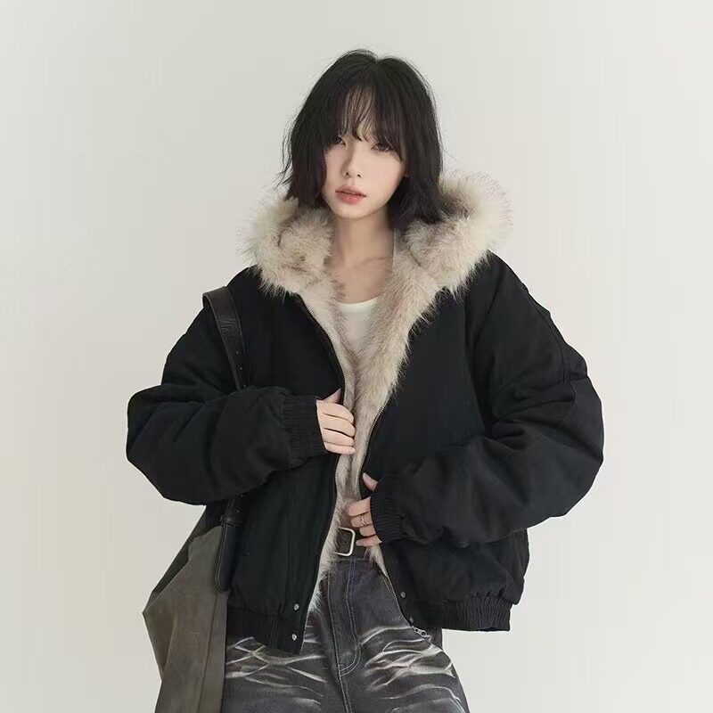 座山雕毛领棉服外套女冬季纯色短款小个子宽松连帽工装棉衣