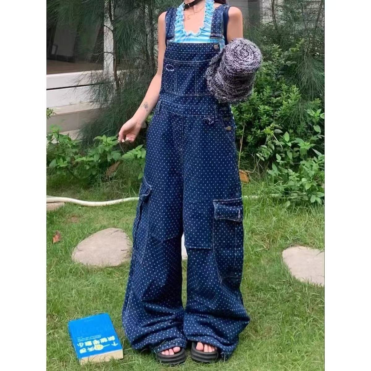 美式复古工装牛仔背带裤口袋宽松连体阔腿牛仔裤春夏直筒长裤拖地