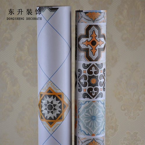 立体欧式复古pvc墙纸 自粘wallpaper 地板贴方格图案防火壁纸简约