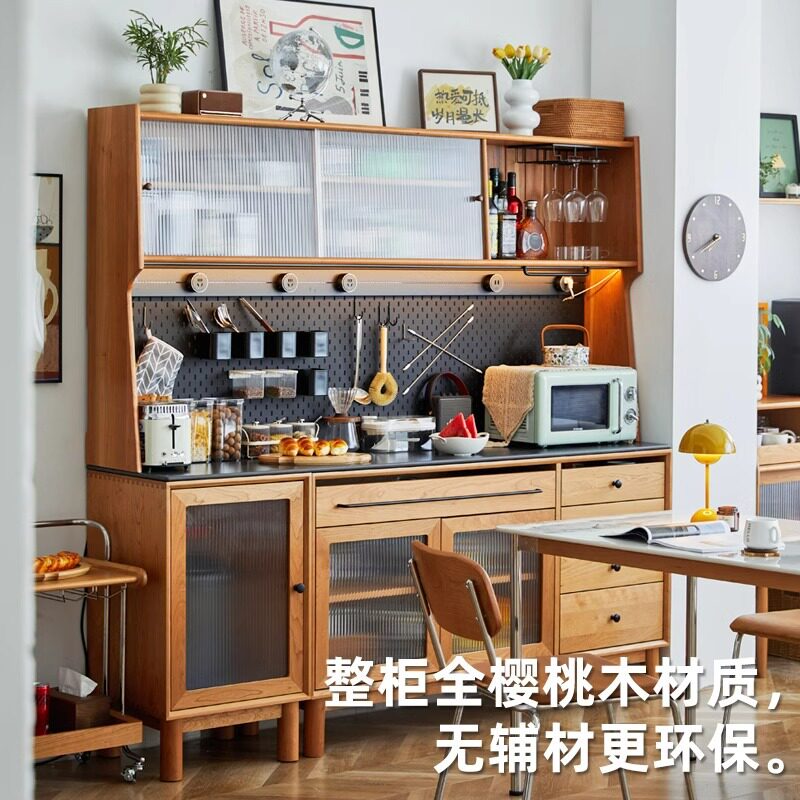 全实木餐边柜一体靠墙岩板餐厅厨房橱酒柜咖啡简约樱桃木储物碗柜
