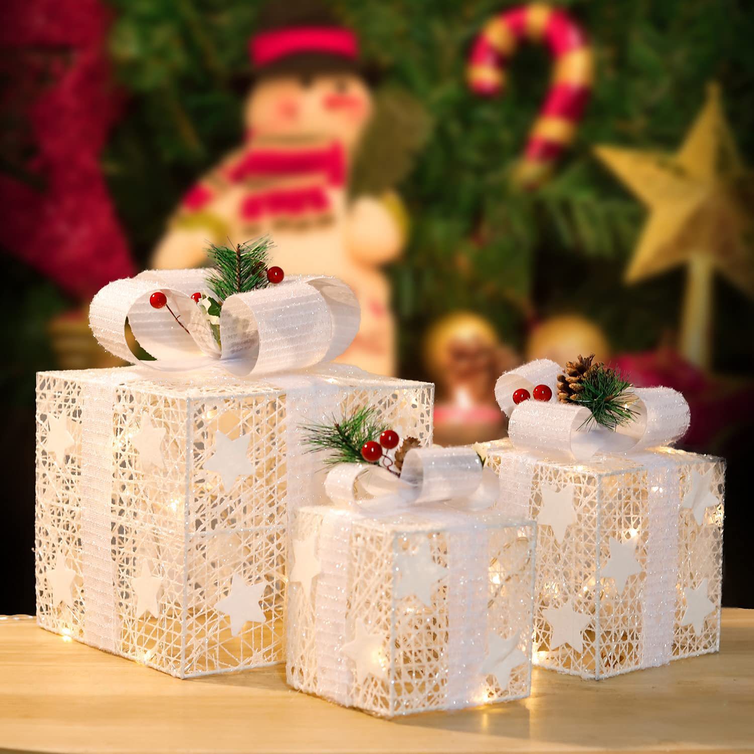 跨境白色蝴蝶结星星撒粉圣诞礼物盒灯串3件套christmas gift box