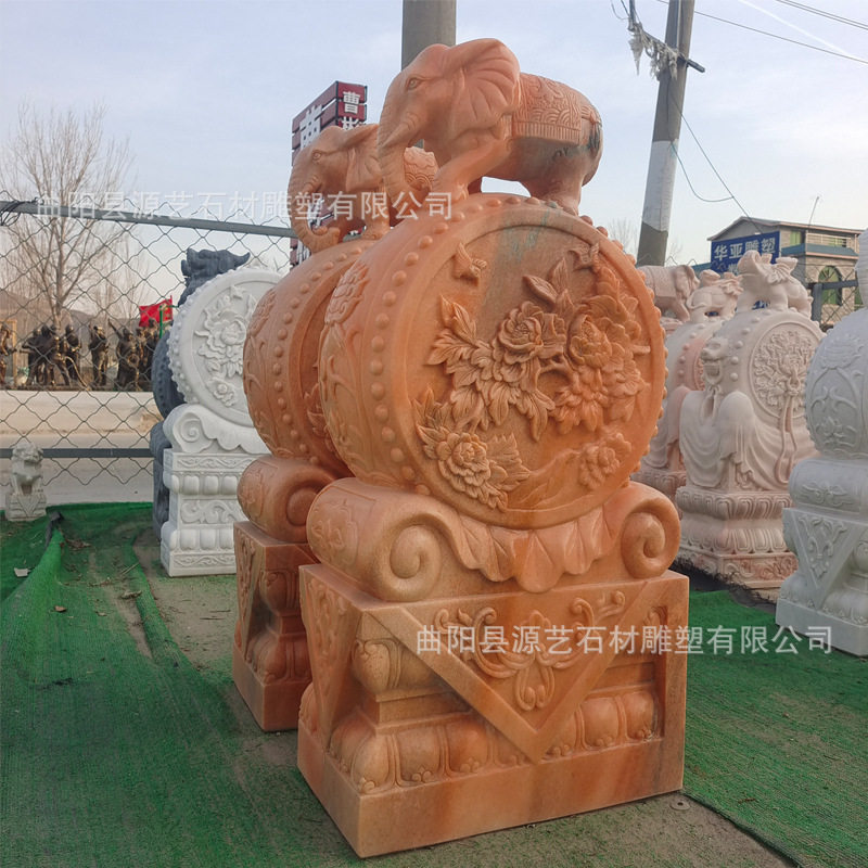 定制石雕抱鼓石一对汉白玉门墩大象福鱼别墅庭院门口装饰摆件批发图片
