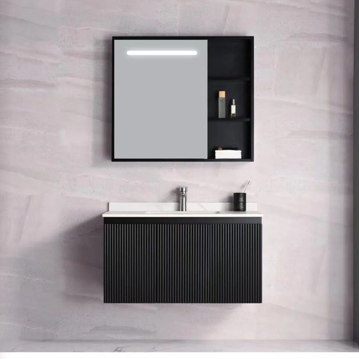 新款黑色PVC浴室柜防水洗漱一体陶瓷盆组合浴室卫生间洗手梳妆台图片