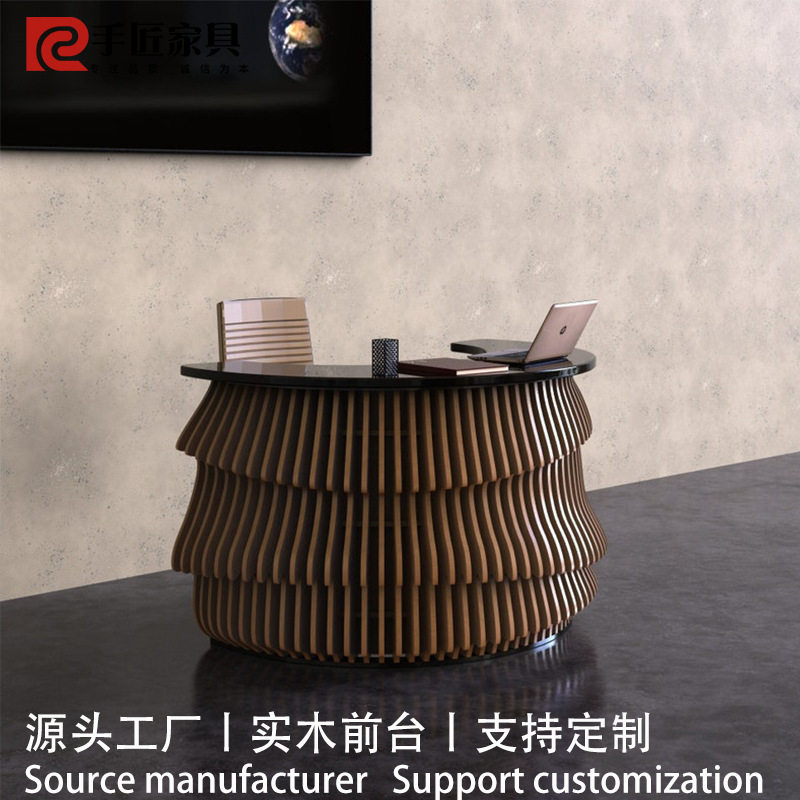 实木切片前台定制设计师同款接待台民宿美容院写字楼创意个性吧台图片