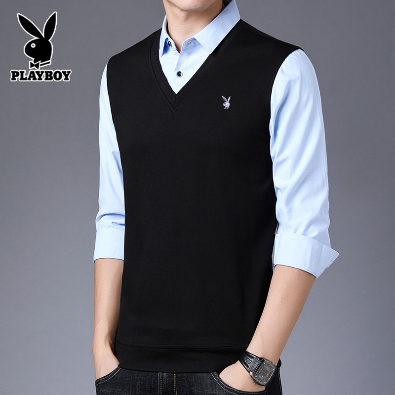 플레이보이 남성 벨벳 두꺼운 스웨터 가을 겨울 니트 스웨터 가짜 투피스 세트 트렌디 캐주얼 셔츠 칼라 탑