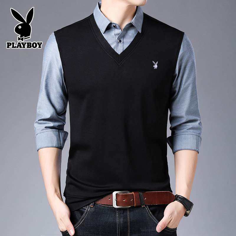 플레이보이 남성 벨벳 두꺼운 스웨터 가을 겨울 니트 스웨터 가짜 투피스 세트 트렌디 캐주얼 셔츠 칼라 탑