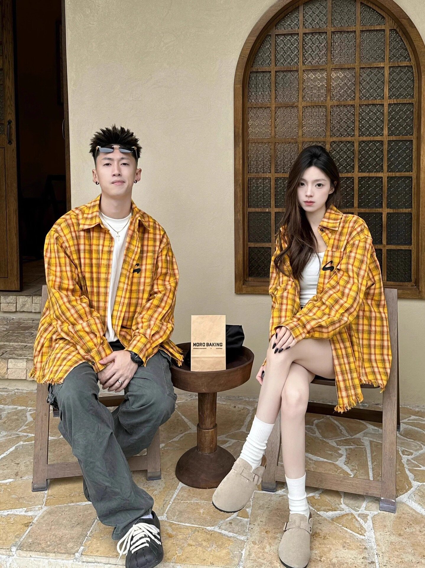 美式复古黄色格子长袖衬衫男春秋宽松高街设计感小众情侣衬衣外套