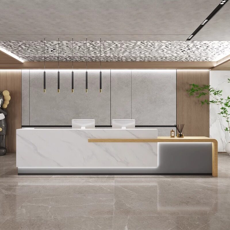 简约现代公司前台接待台美容院收银台酒店会所培训机构新中式吧台图片