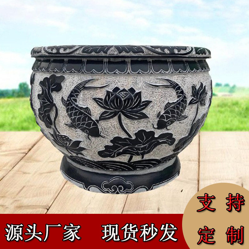 石雕青石鱼缸花缸  别墅庭院园林仿古雕刻厂家制做 曲阳雕刻图片
