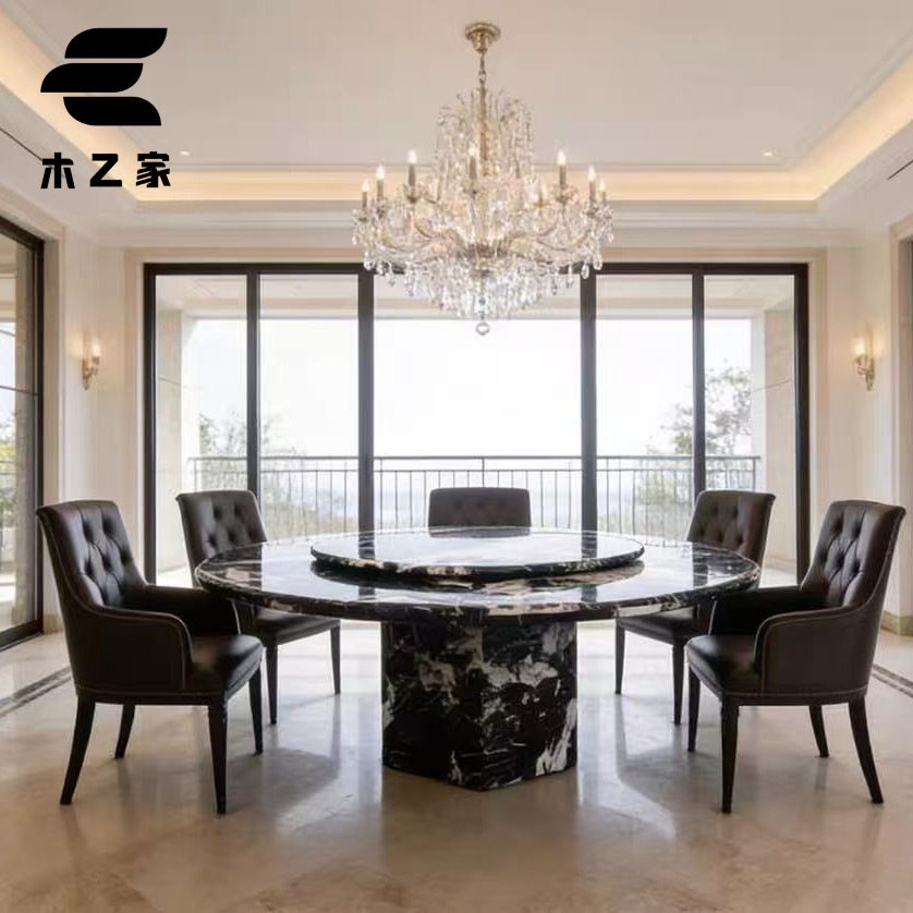 法式复古简约圆形大理石餐桌椅组合带转盘大小户型网红家用饭桌