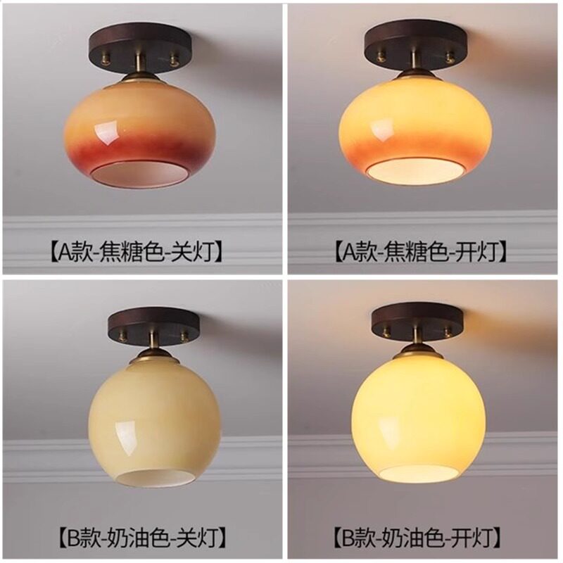 中古风阳台柿子灯复古奶油门厅入户过道走廊衣帽间飘窗实木吸顶灯图片