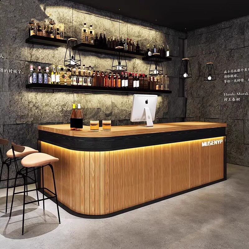 实木复古收银台转角饭店餐厅酒吧吧台桌餐馆餐饮酒柜一体弧形转角图片