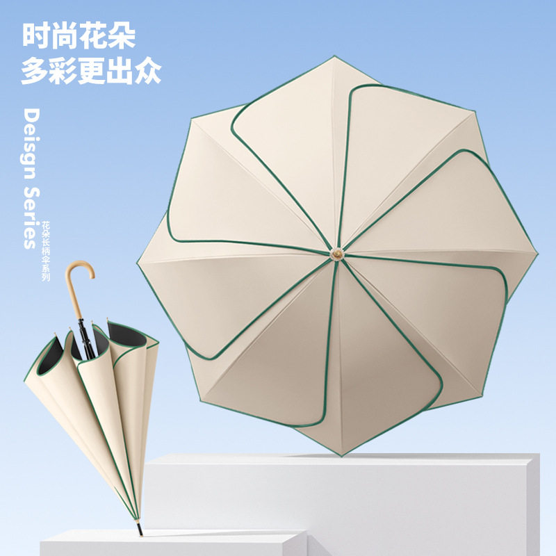 新款8骨长柄伞黑胶面料花瓣伞时尚防晒遮阳实木弯柄糖果色系现货