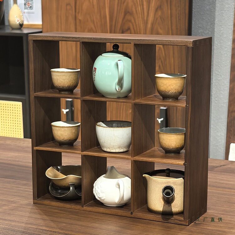 实木茶杯格子架九宫格架杯子置物架黑胡桃木多宝格茶具博古架图片