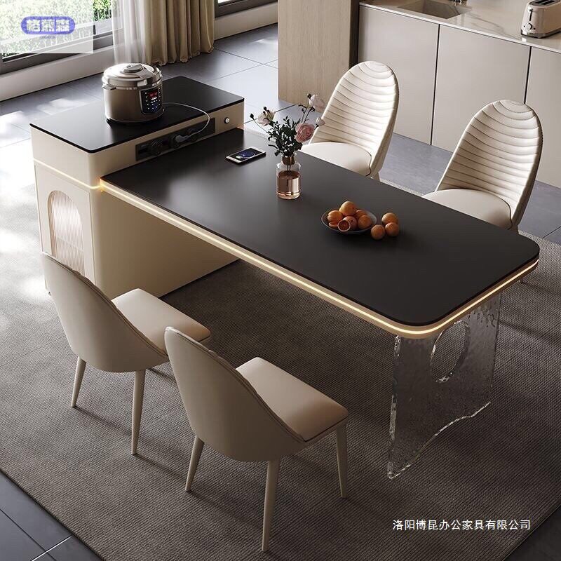 轻奢意式简约岛台餐桌一体家用多功能饭桌智岩板能灯带小户型高端