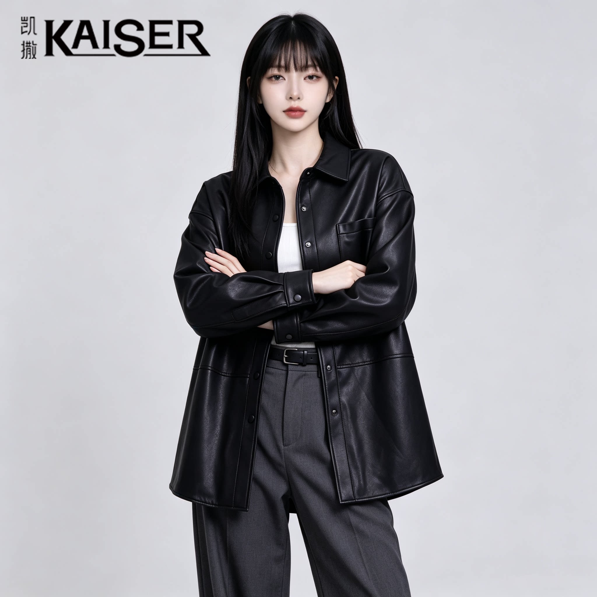 凯撒黑色植鞣皮翻领皮衣女通勤