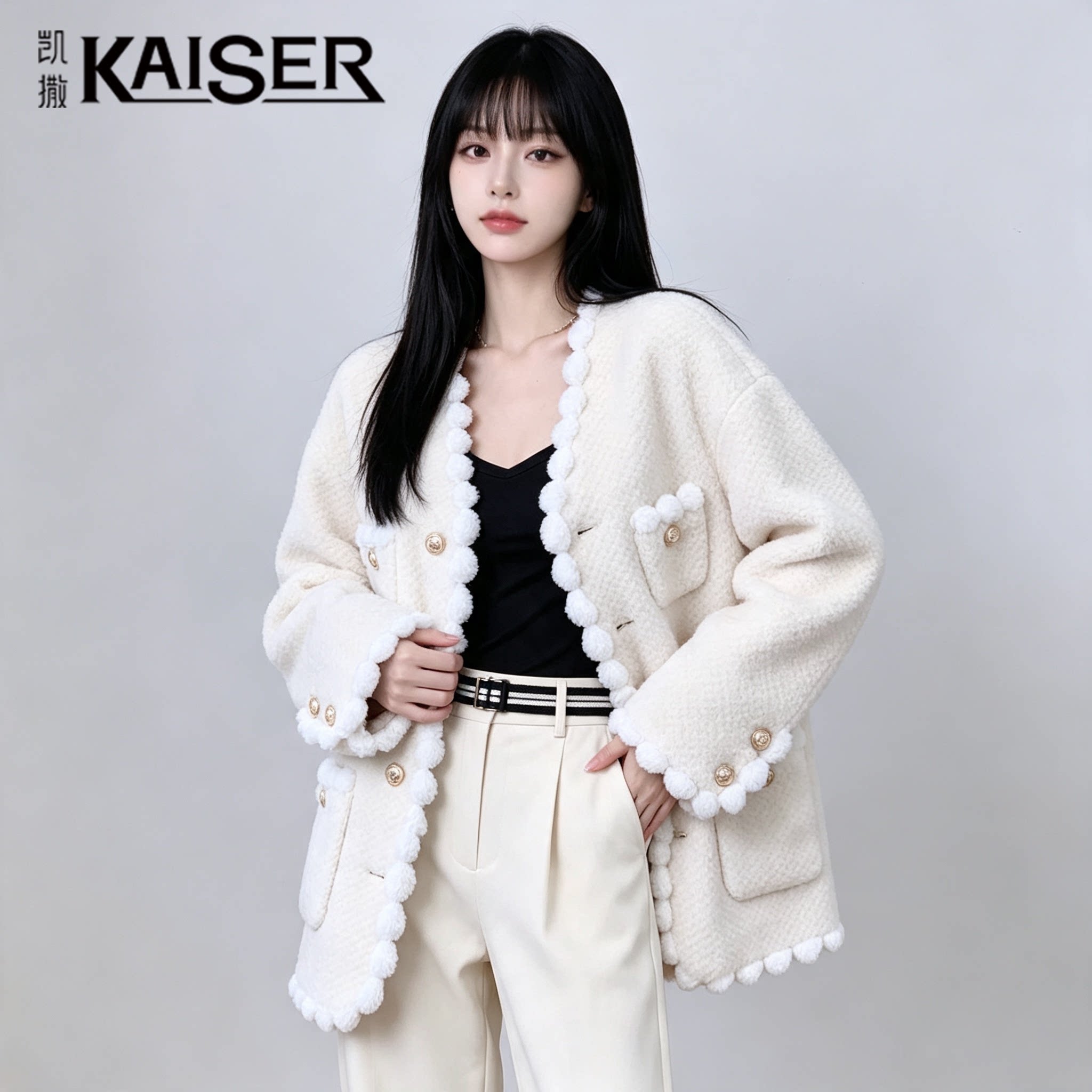 凯撒小香风白色毛球羊剪绒大衣女