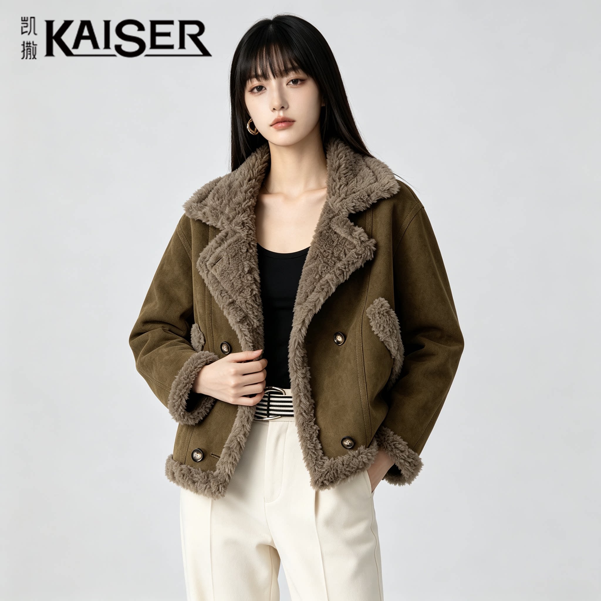 凯撒女装短款加厚羊剪绒夹克