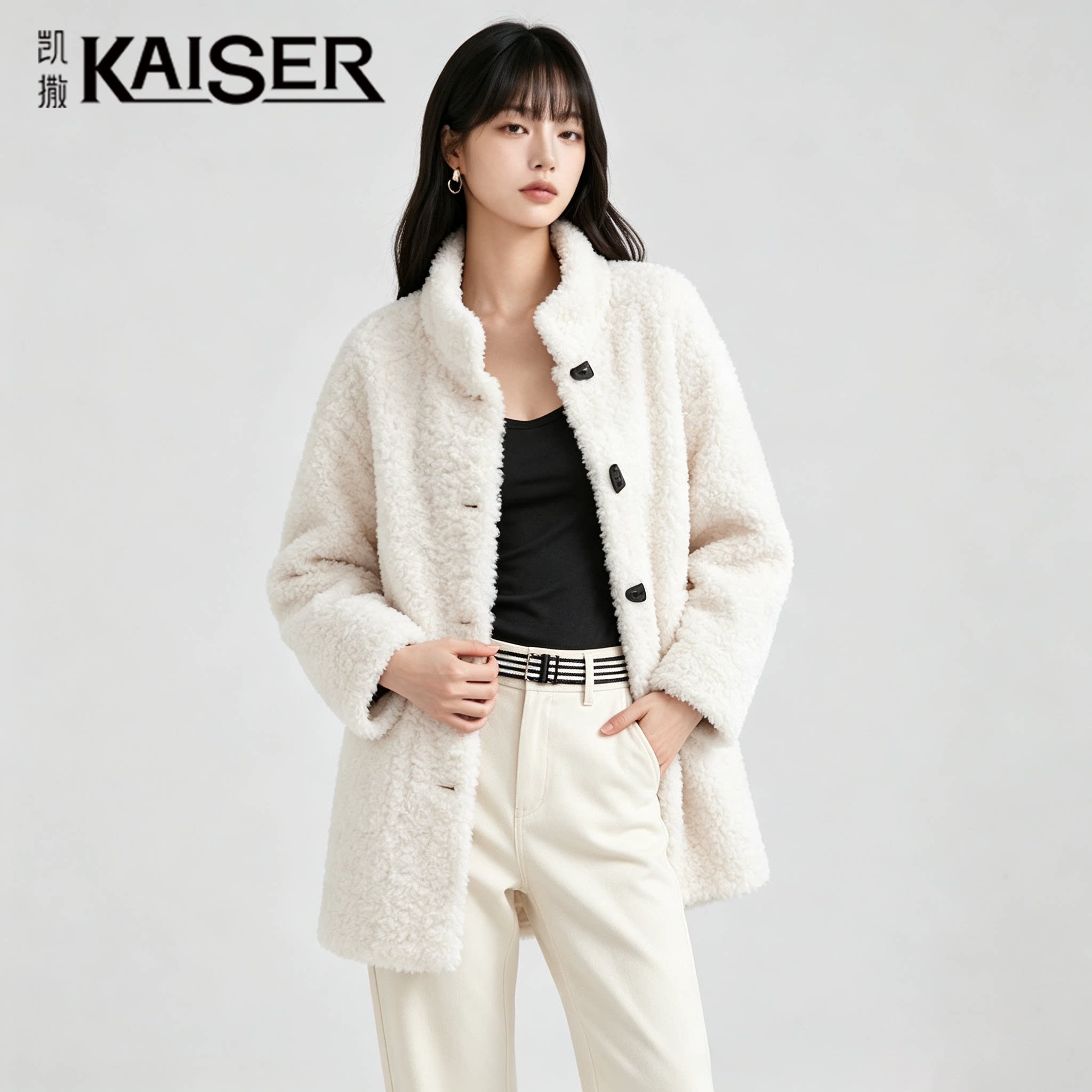 Kaiser/凯撒秋冬新款羊羔毛外套女装羊剪绒保暖宽松 100%羊毛大衣