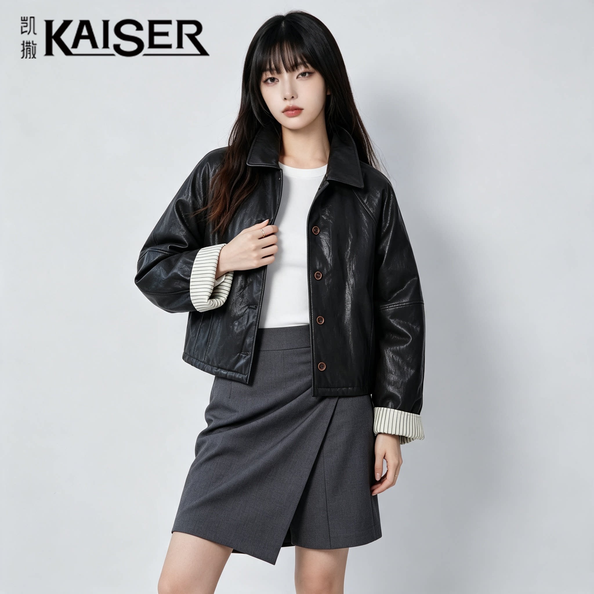 凯撒复古真皮短款条纹皮衣女