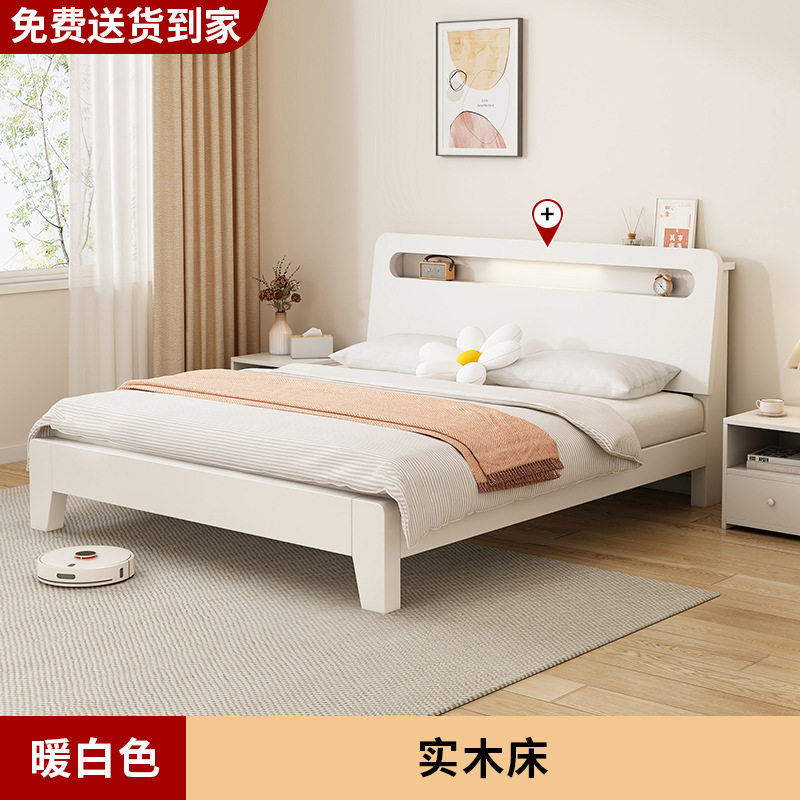 新品实木床简约现代1.5米双人床出租房屋家用白色可储物1米2单人图片