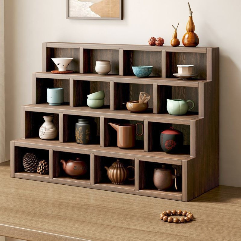 实木格子茶杯架茶道紫砂壶摆放架壁挂式多宝阁茶台桌面博古架小型