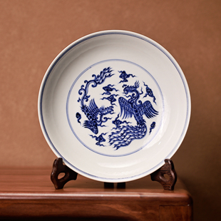 募古大明宣德官窑工艺青花凤穿瓷盘郎红釉赏盘中式复古玄关摆件