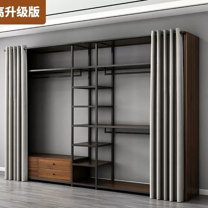 开放式金属衣柜自由组合简易衣帽间卧室轻奢衣帽架落地挂衣架双层图片