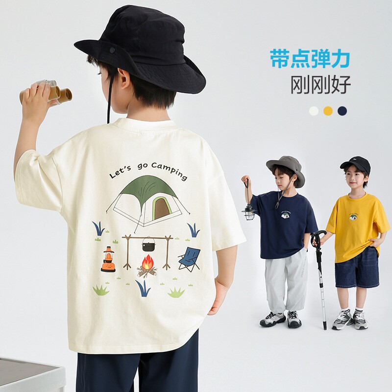 夏季新款童装男童篝火印花纯棉短袖T恤夏装韩版衣服中大童