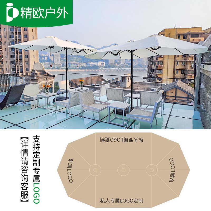 户外遮阳伞露台别墅庭院伞三头中柱伞咖啡厅露营室外摆摊大太阳伞图片