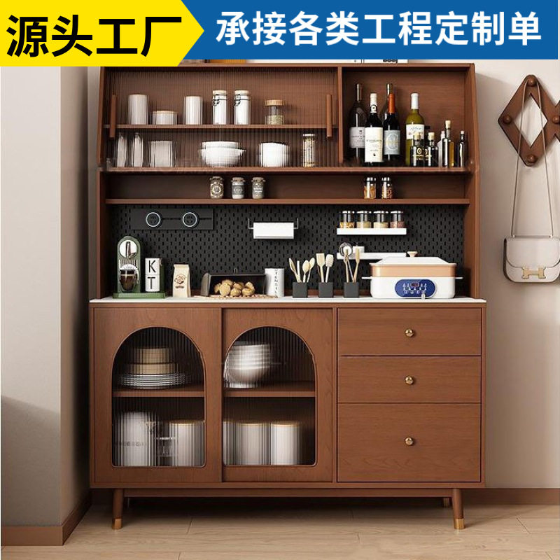 实木餐边柜靠墙一体中古风复古水吧台玻璃门原木储物柜厨房茶水柜图片