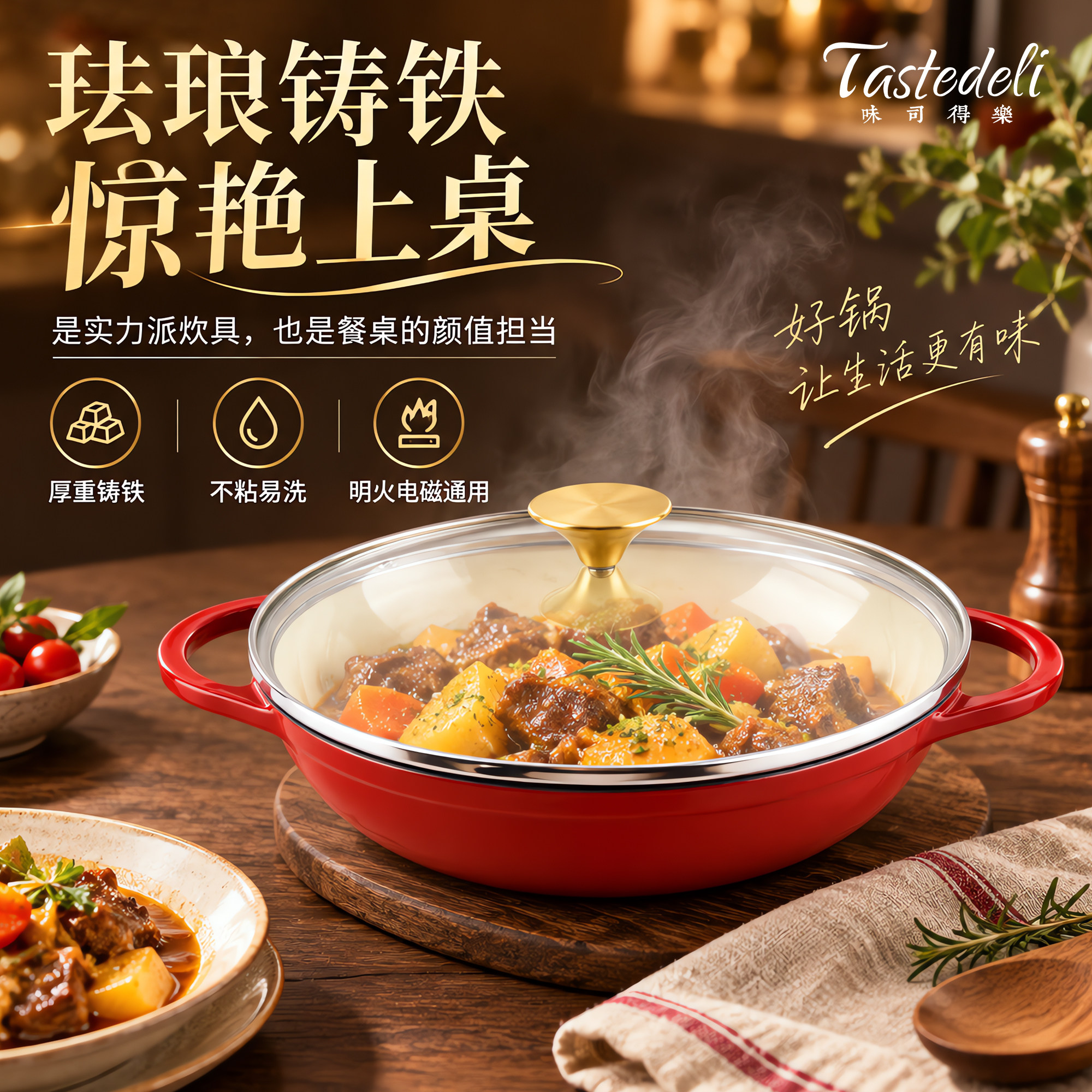 珐琅锅铸铁锅家用海鲜锅焖焗炖锅