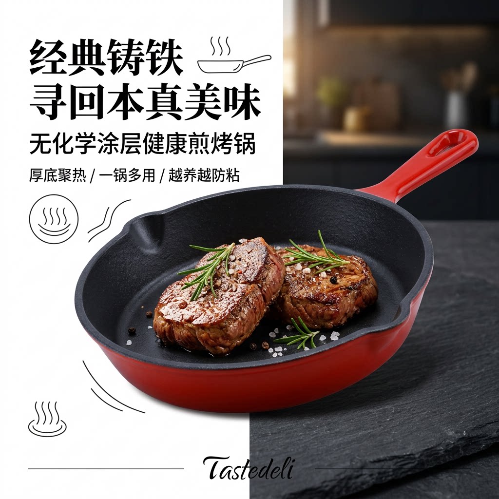 味司得樂平底珐琅锅铸铁锅煎烤锅