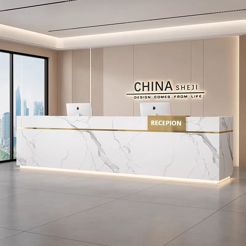 前台桌接待台公司酒店大堂房地产烤漆吧台大理石纹柜台收银台商务图片