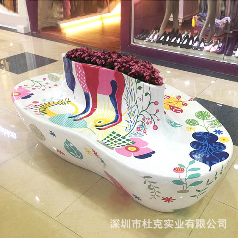 玻璃钢休闲椅商场心形花盆座椅商业街美陈户外花坛坐凳休息等候椅图片