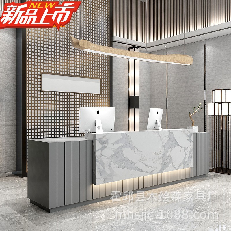 仿大理石公司售楼部前台简约现代接待台眼镜店收银台美容院吧台桌图片