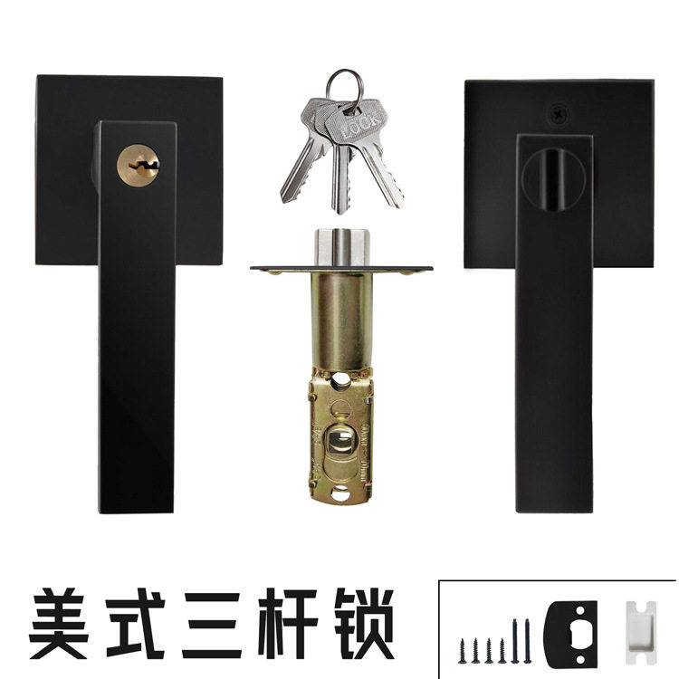 美式三杆锁跨境外贸货源室内木门卫生间锁简约黑色球形通道执手锁