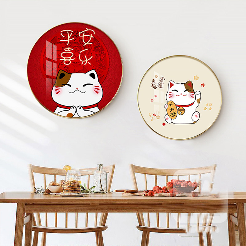 速发招财猫厅形装饰画简约餐桌饭厅背景墙壁画入户玄关圆餐挂画