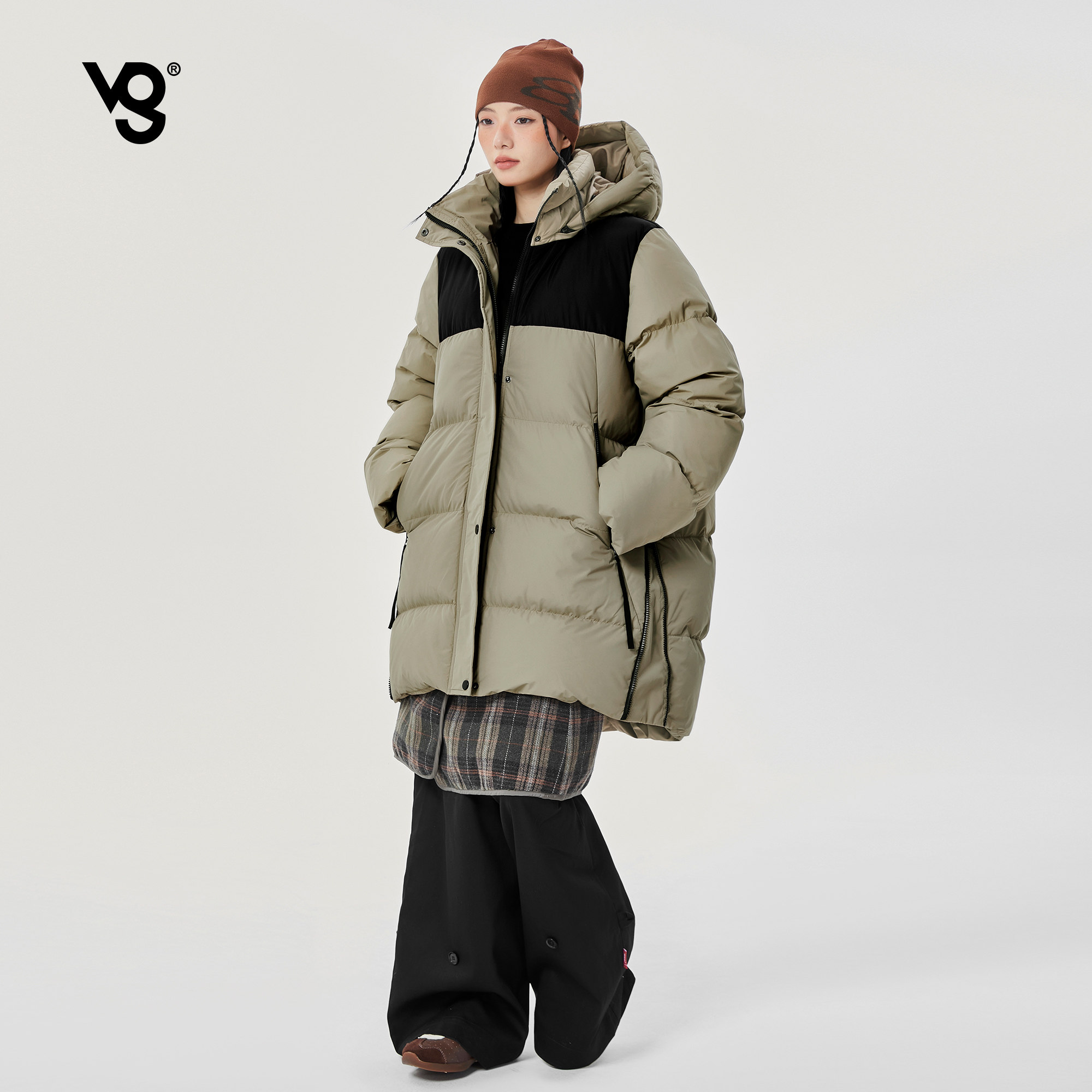 VUUG工装拼色中长款棉服男女同款冬季加厚连帽可拆卸保暖外套