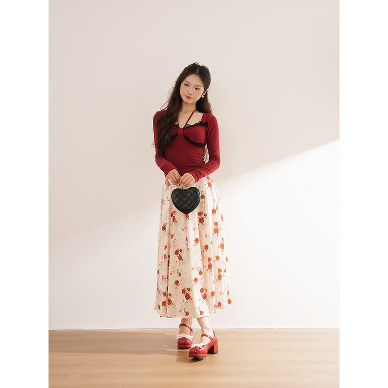 红色挂脖针织上衣玫瑰半身裙套装女早春季复古修身显瘦气质两件套