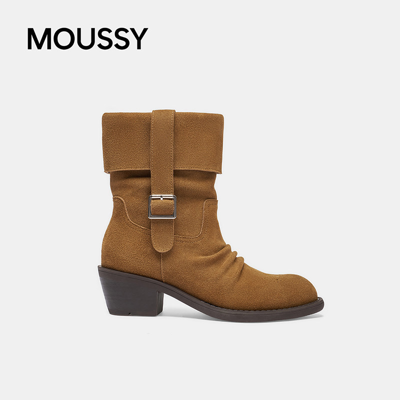 MOUSSY时装靴棕色粗跟堆堆靴