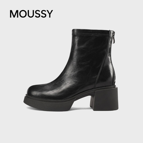 MOUSSY秋冬真皮后拉链粗跟女短靴