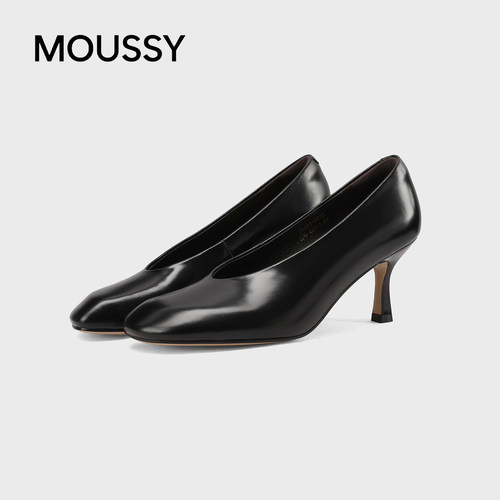 MOUSSY真皮细跟圆头高跟鞋
