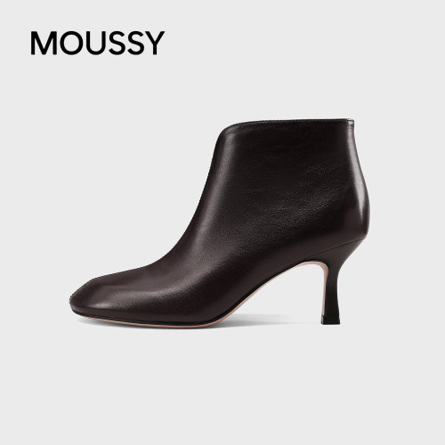 MOUSSY真皮方头高跟女短靴黑色