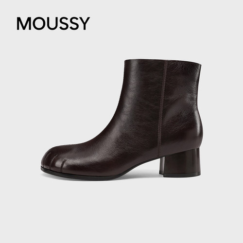 MOUSSY真皮粗跟瘦瘦短靴女秋冬