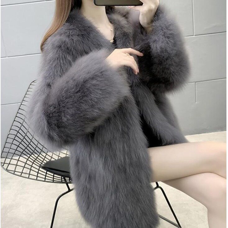 高档皮草外套女仿狐狸毛中长款2025冬季海宁皮草大衣V领显瘦潮牌
