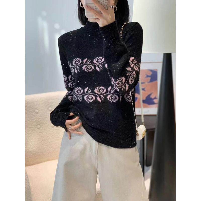 出片穿搭玫瑰提花半高领毛衣女20