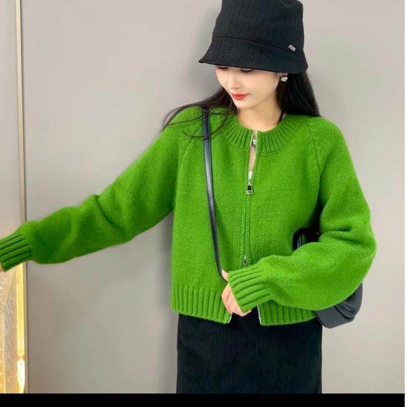 牛油果绿双头拉链针织开衫女秋冬